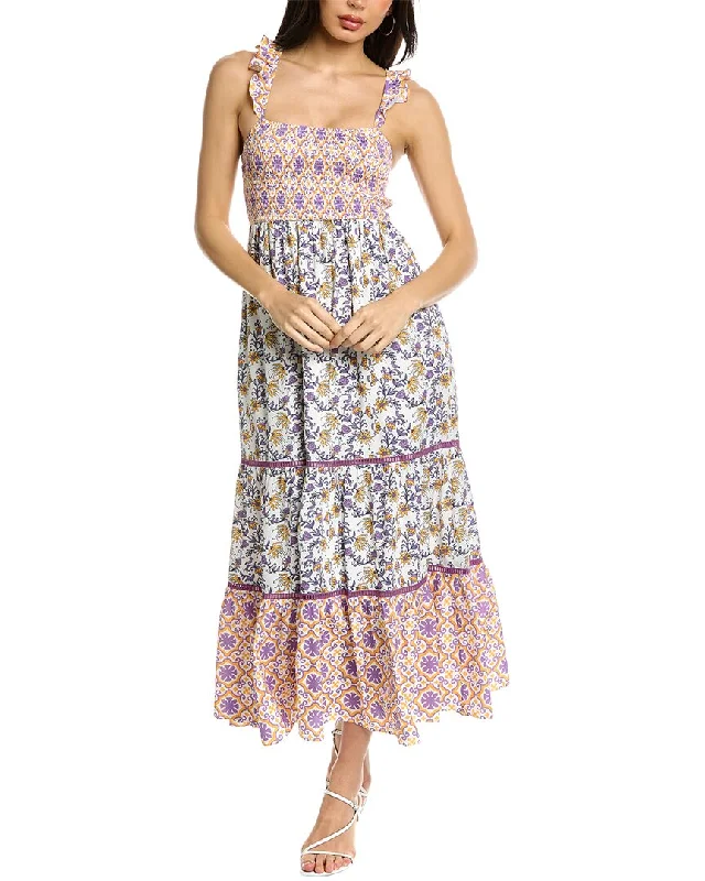 Celina Moon Smocked Midi Dress Comfortable Button Front Midi Dress