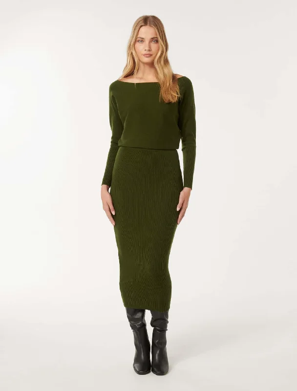 Ciara Tipped Shoulder Midi Dress Trendy Off-Shoulder Button Midi Dress