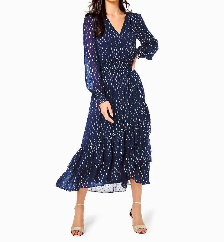 Cristiana Midi Dress in Low Tide Navy Elegant Puff Sleeve Midi Dress
