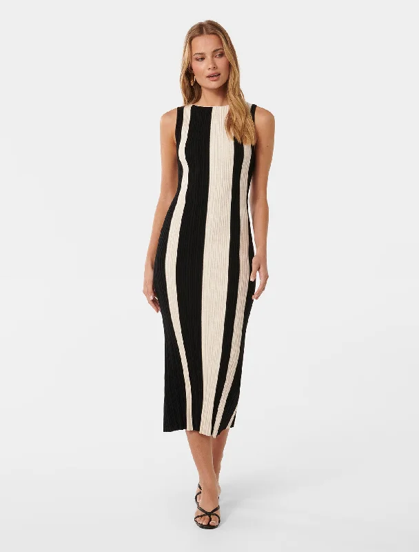 Emmie Vertical Striped Midi Dress Elegant Satin Button Midi Dress