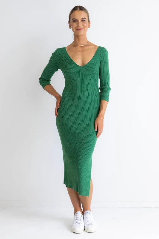 Equinox Kelly Green Half Sleeve V Neck Tie Back Rib Knit Midi Dress Comfortable Ruched Midi Dress