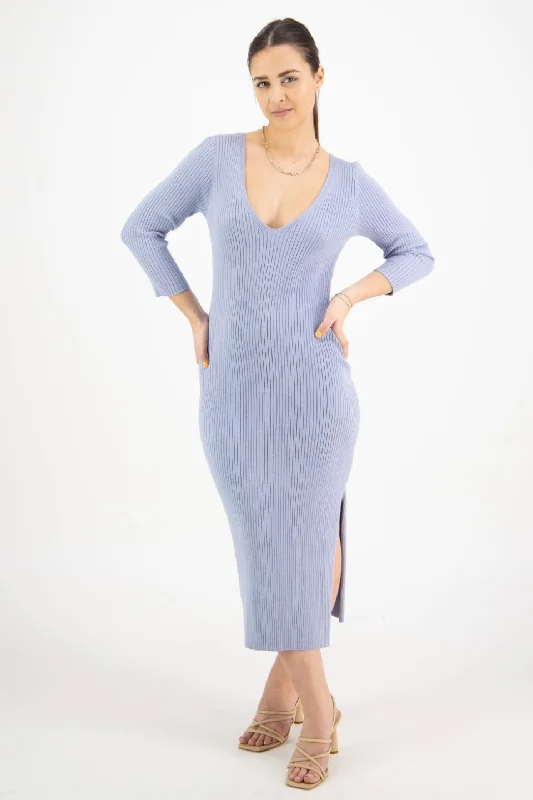 Equinox Sky Blue Half Sleeve V Neck Tie Back Rib Knit Midi Dress Fashionable High-Low Midi Dress