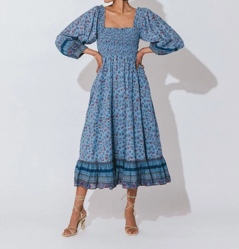 Eva Midi Dress in Lapis Block Stylish Long Sleeve Floral Midi Dress