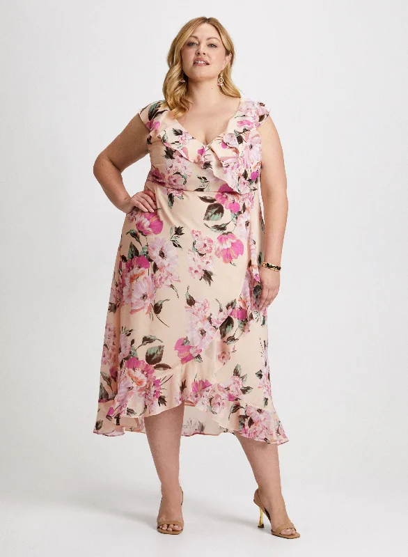 Floral Chiffon Midi Dress Fashionable High-Low Midi Dress