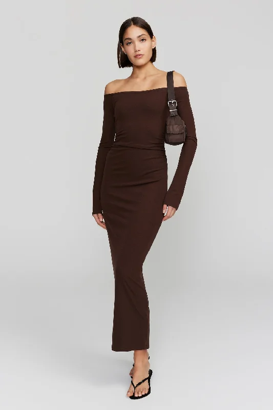 Frankie Carob LS Off Shoulder Midi Dress Cozy Midi Dress with Pockets