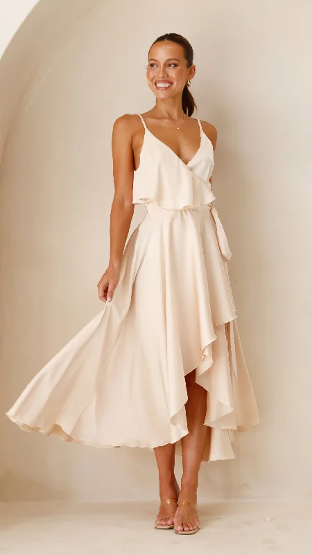 Gabriella Midi Dress - Champagne Elegant Satin Slip Midi Dress