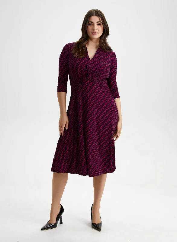 Geometric Motif Midi Dress Trendy Off-Shoulder Ruffle Midi Dress