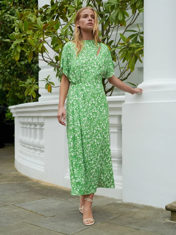 Green Ditsy Print Tuck Waist Midi Dress Stylish Pleated Skirt Midi Dress