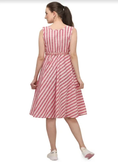 Women's Baby Pink And White Strip Sleeves Less Midi Dress - MESMORA FASHIONS Cozy Spaghetti Strap Midi Dress