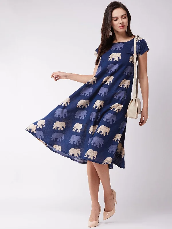 Women's Blue Elephant Motif Midi Dress - InWeave Comfortable Denim Midi Dress