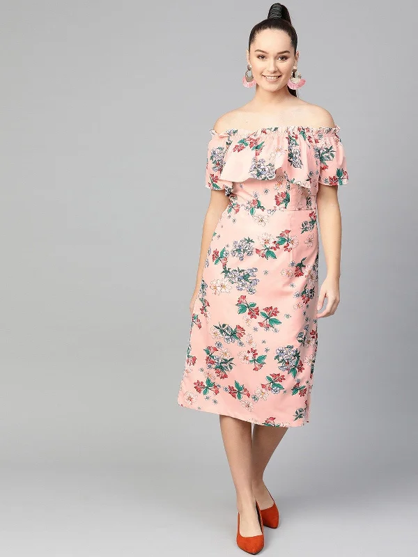 Women's Floral Off-Shoulder Midi Dress - Pannkh Trendy Long Sleeve Midi Dress