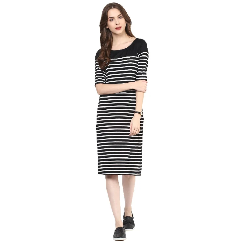 Women's Stripe Yoke Midi Dress - Pannkh Fashionable One-Shoulder Midi Dress