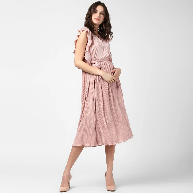 Women's pink Satin Pleating Evening Midi Dress - StyleStone Comfortable Denim Midi Dress