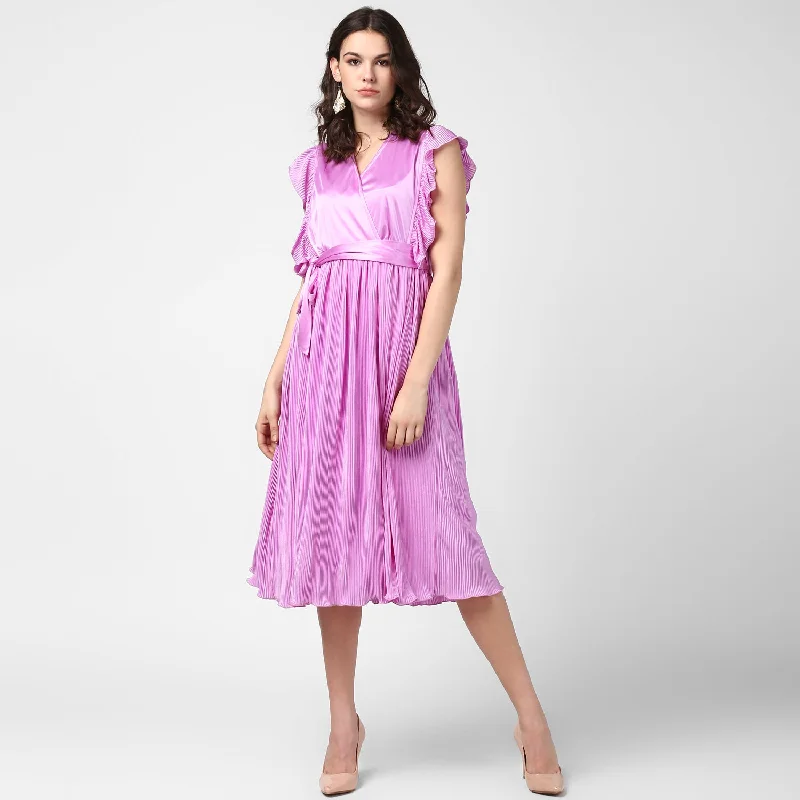 Women's Lavender Satin Pleating Evening Midi Dress - StyleStone Elegant Pleated Sleeve Midi Dress
