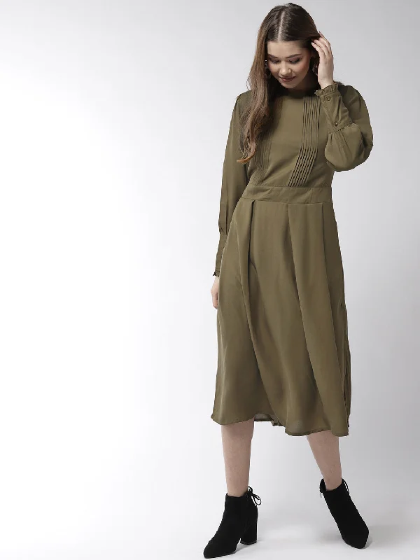 Women's Olive Polyester Moss pintuck and pleated Midi dress - StyleStone Chic Lace Detail Midi Dress
