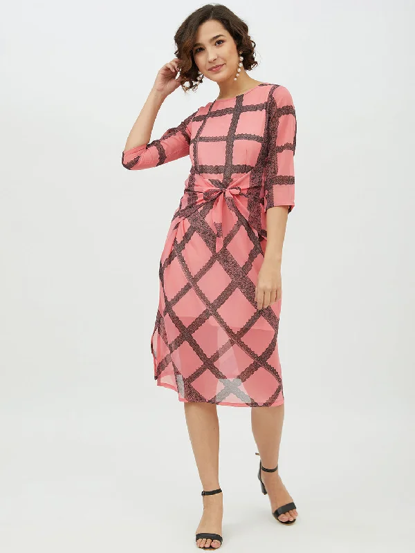 Women's Pink Check front Tie Knot Midi Dress - StyleStone Elegant Lace Trim Midi Dress