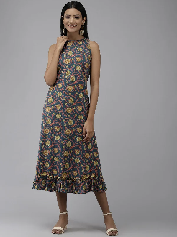 Women's Teal Floral Ethnic A-Line Midi Dress - Yufta Stylish Wraparound Midi Dress