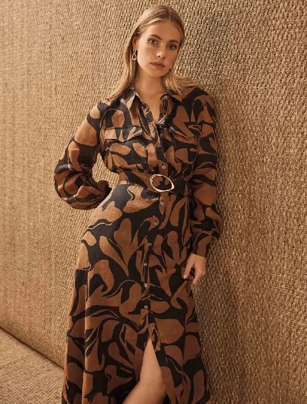 Janie Printed Shirt Midi Dress Fashionable Wide Leg Midi Dress
