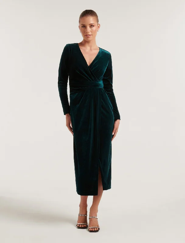 Julianne Petite Velvet Midi Dress Elegant Lace Trim Midi Dress