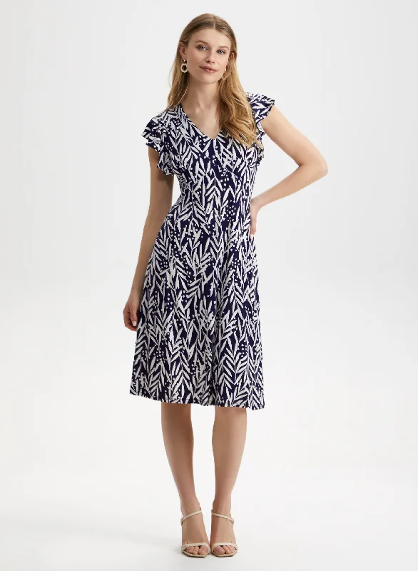 Leaf Print Midi Dress Trendy Mock Neck Midi Dress