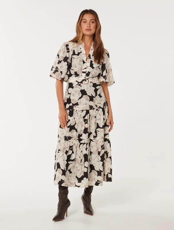 Leona Short-Sleeved Pin Tuck Midi Dress Stylish Satin Midi Dress