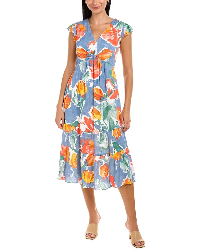 London Times Ruffle Midi Dress Comfortable Deep V Midi Dress