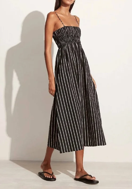 Marieka Midi Dress in Adia Stripe Print Black Trendy Ruched Side Midi Dress
