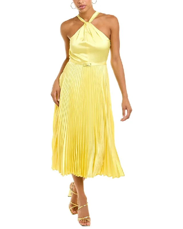 ML Monique Lhuillier Hammered Satin Midi Dress Elegant Pleated Sleeve Midi Dress