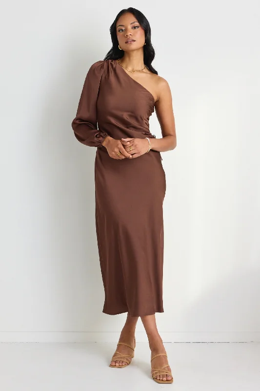Mythical Chocolate Satin One Shoulder LS Midi Dress Fashionable Floral Embroidery Midi Dress