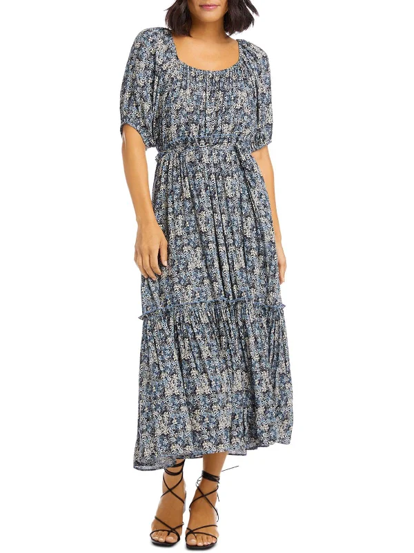 On Holiday Womens Floral Ruffled Midi Dress Elegant V-Neck Midi Dress
