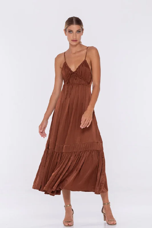 On My Way Bark Satin Midi Dress Fashionable Sheer Sleeve Midi Dress