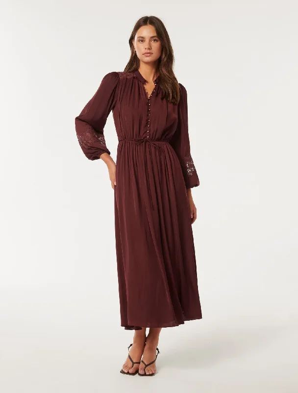 Paisley Trim Detail Midi Dress Stylish Pleated Skirt Midi Dress