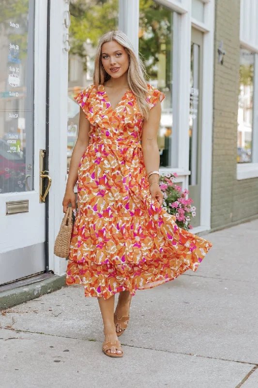 Paradise Peach Floral Tie Midi Dress - FINAL SALE Comfortable Sleeveless Midi Dress