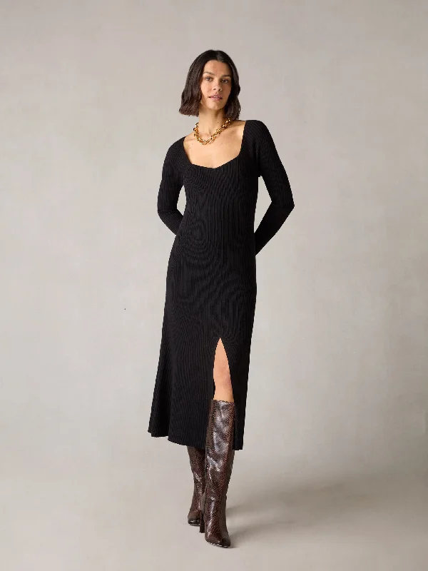 Petite Black Rib Knit Sweetheart Neckline Midi Dress Stylish Color Block Midi Dress