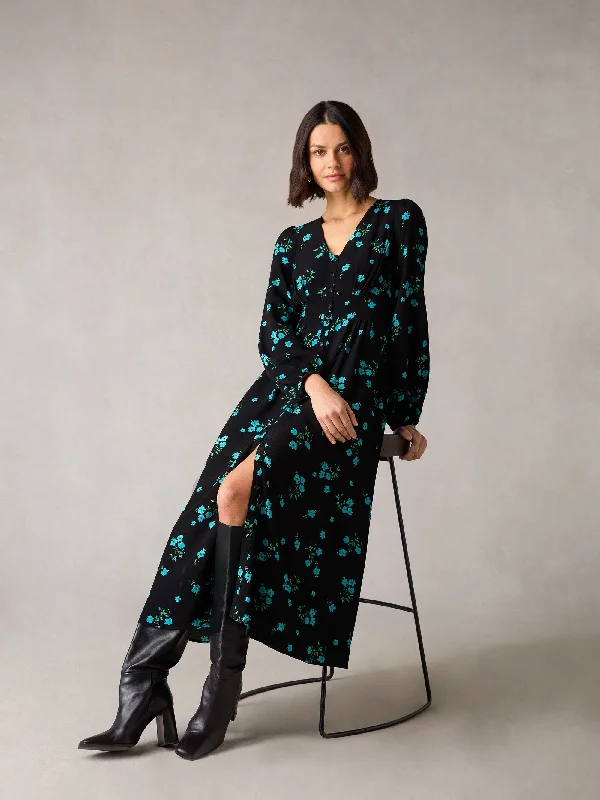 Petite Blue Cluster Floral Button Front Midi Dress Elegant Floral Appliqué Midi Dress