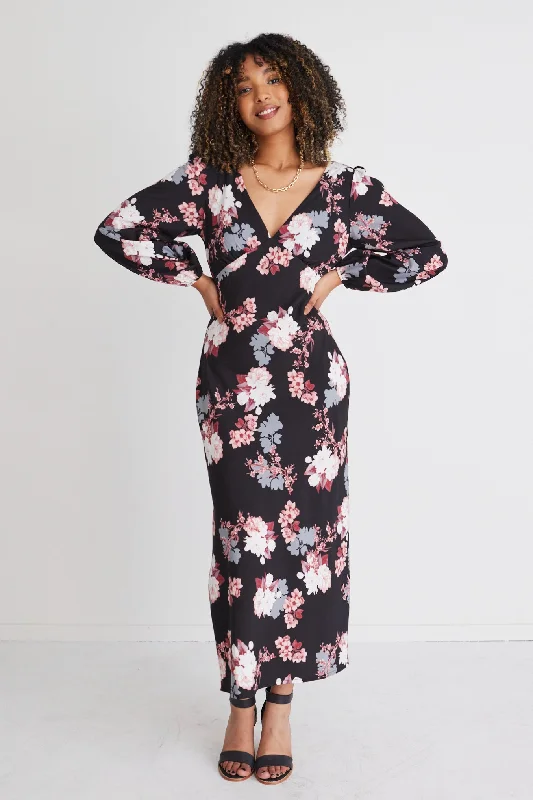 Phoenix Pink Vintage Floral Satin Ls Empire Bias Midi Dress Cozy Wide Strap Midi Dress