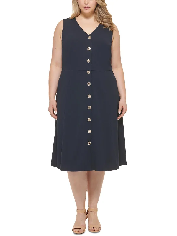 Plus Womens Embellished Mid Calf Midi Dress Comfortable Button Front Midi Dress