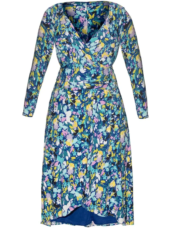 Plus Womens Floral Print Faux Wrap Midi Dress Elegant Floral Skirt Midi Dress