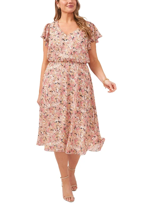 Plus Womens Floral Print Mid Calf Midi Dress Fashionable High-Neck Midi Dress