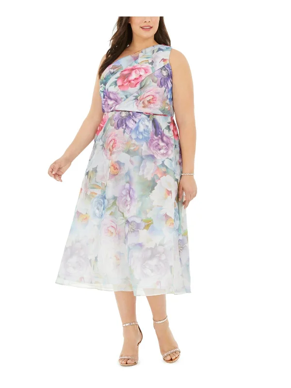 Plus Womens Floral Print One Shoulder Midi Dress Trendy A-Line Midi Dress