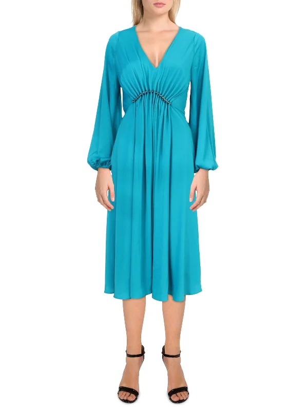 Portia Womens Gathered V Neck Midi Dress Comfortable Wrap Midi Dress