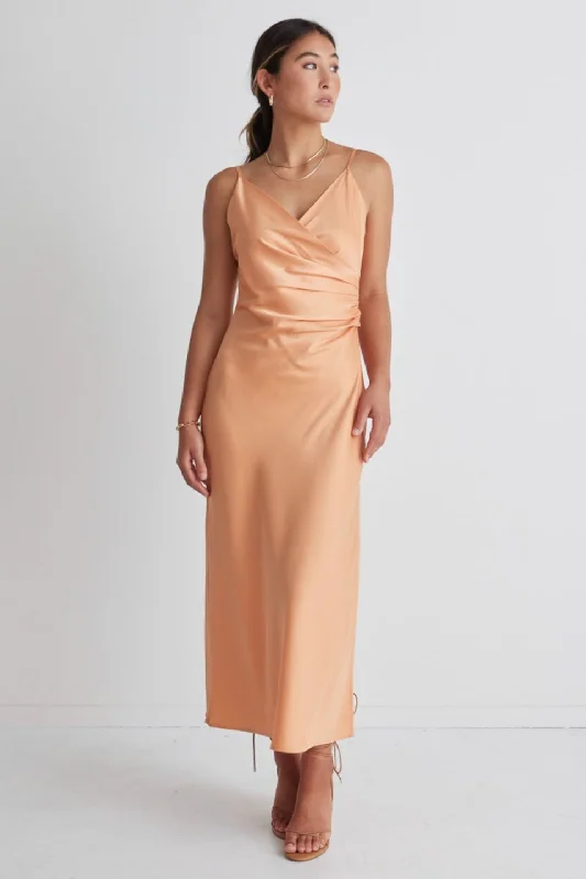 Rapture Papaya Satin Strappy Mock Wrap Midi Dress Fashionable Plaid Midi Dress
