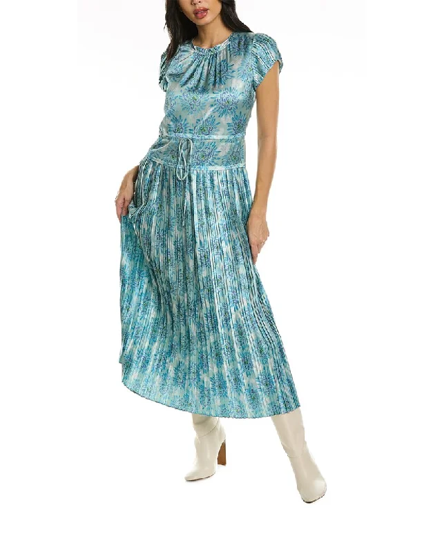 Rebecca Taylor Astera Fleur Pleated Midi Dress Elegant Satin Slip Midi Dress
