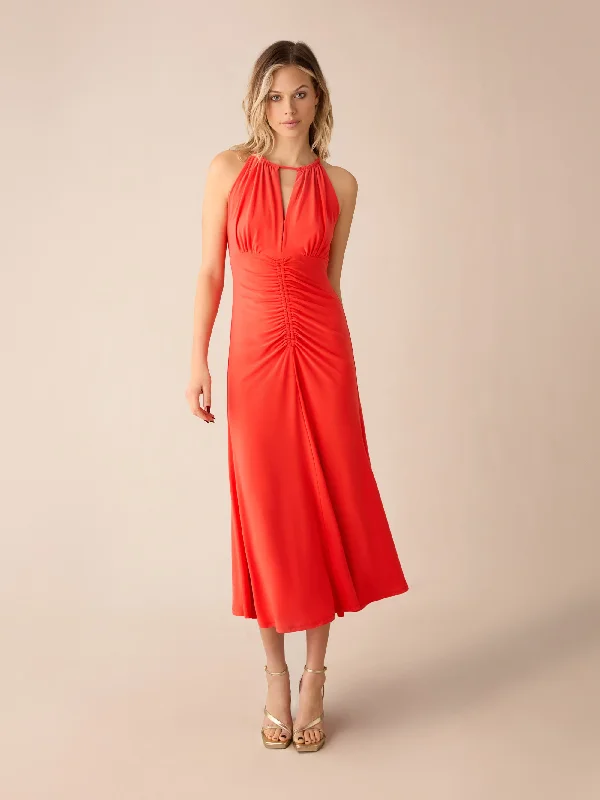 Orange Halterneck Midi Dress Trendy Tiered Hem Midi Dress