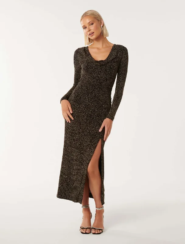 Reva Cowl Neck Glitter Midi Dress Fashionable Pencil Midi Dress
