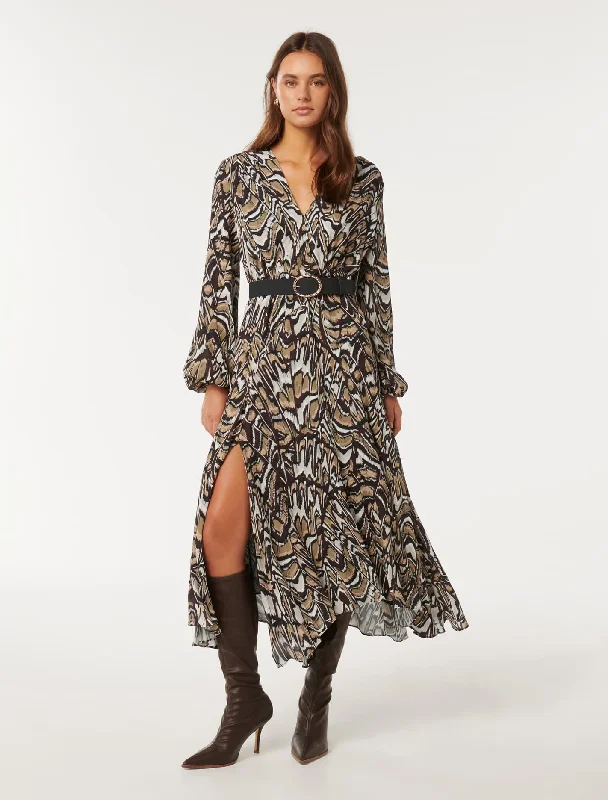 Rochelle Assymetric Hem Midi Dress Trendy Midi Dress with Belt