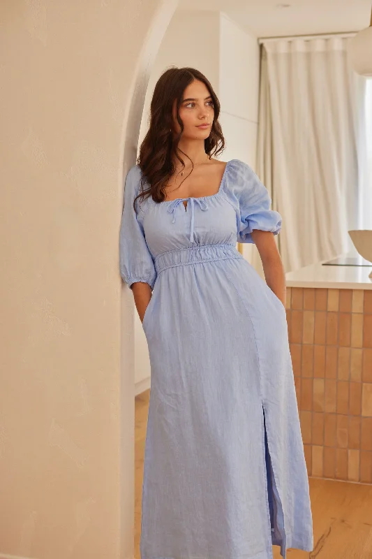 Roma Cornflower Blue Linen Ss Slim Fit Midi Dress Comfortable Knitwear Midi Dress