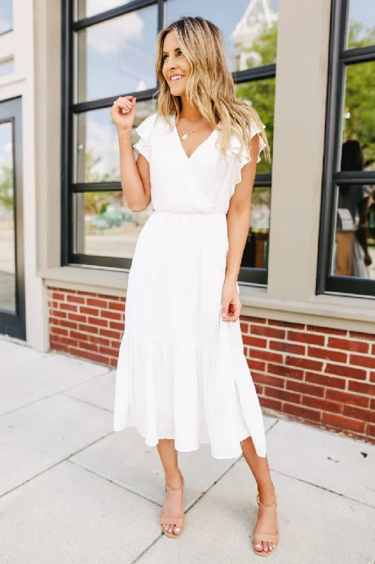 Ruffle Sleeve Surplice White Midi Dress - FINAL SALE Cozy A-Line Midi Dress