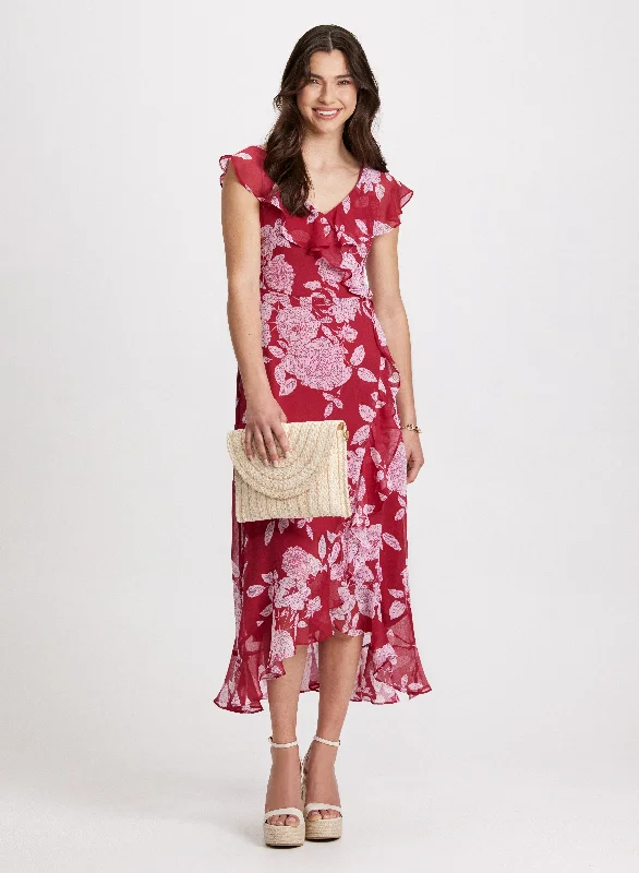 Ruffled Floral Midi Dress Fashionable Sheer Sleeve Midi Dress