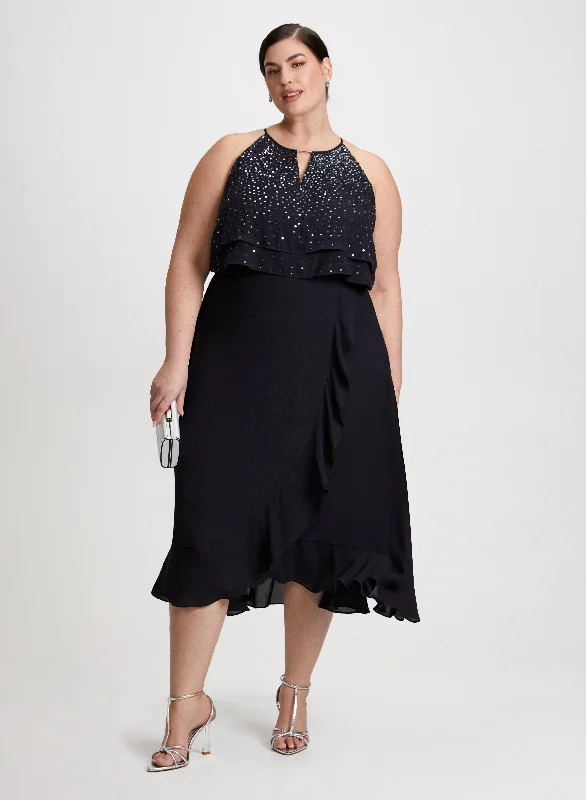 Sequin Spray Midi Dress Fashionable Floral Embroidery Midi Dress